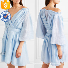 Blue Off-The-Shoulder Ruffled Ramie Wrap Mini Summer Dress Manufacture Wholesale Fashion Women Apparel (TA0284D)